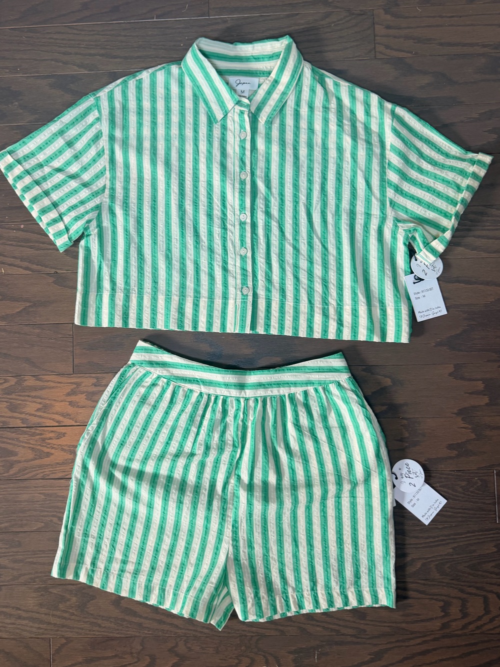 Japna Green & White Striped Button-Up set
